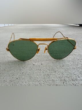 Vintage 1940s Aviator Sunglasses Gold Tone Green Lenses WWII Style Pilot Glasses